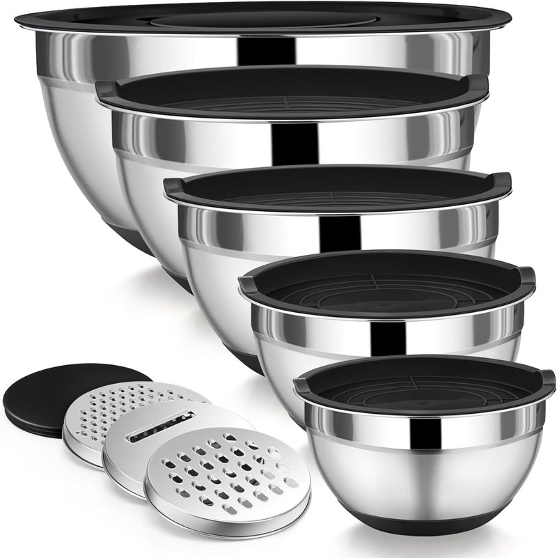 P&P CHEF Mixing Bowl with Lid Set, 5 Piece Stainless Steel Mixing Nesting Bowls for Salad Storage, 3 Grater Attachments & Non-Slip Bottoms, Size 1/1.5/2 / 2.6/4.6 QT, Black - Image 1